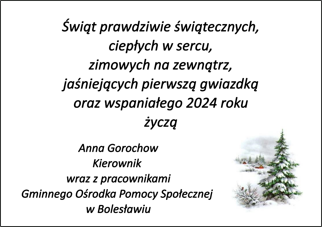 Świąt prawdziwie świątecznych, ciepłych w sercu, zimowych na zewnątrz, jaśniejących pierwszą gwiazdką oraz wspaniałego 2024 roku życzą Anna Gorochow Kierownik wraz z pracownikami Gminnego Ośrodka Pomocy Społecznej w Bolesławiu