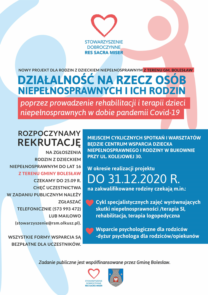 Nowy projekt dla rodzin z dzieckiem niepełnosprawnym z terenu Gminy Bolesław pt. „Działalność na rzecz osób niepełnosprawnych i ich rodzin poprzez prowadzenie rehabilitacji i terapii dzieci niepełnosprawnych w dobie pandemii Covid-19”