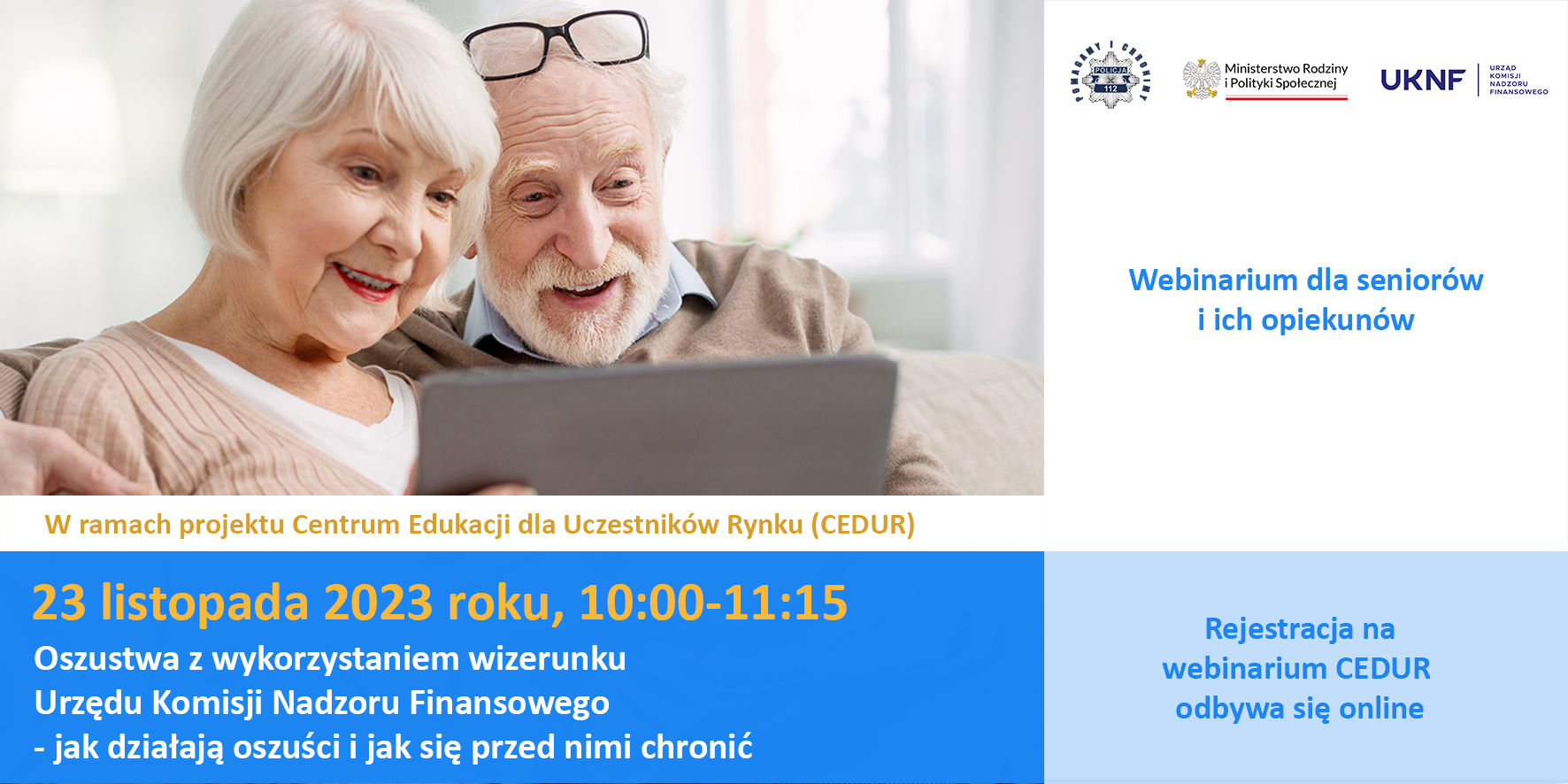 Grafika - webinarium CEDUR dla seniorów i ich opiekunów - 23 listopada 2023 roku