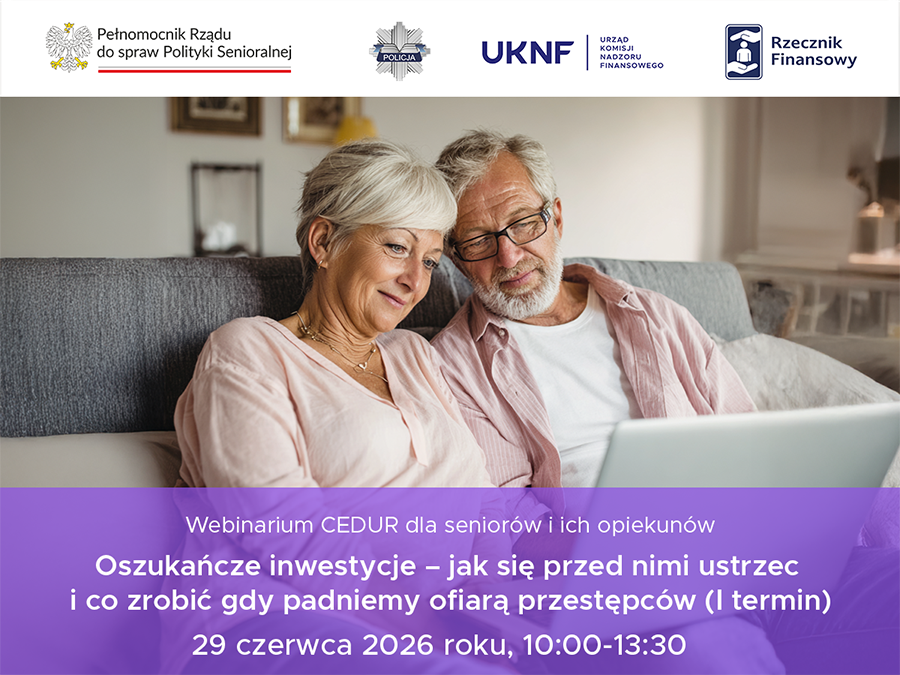 Grafika - Urząd KNF - webinarium CEDUR dla seniorów i ich opiekunów - 29 czerwca 2026 roku